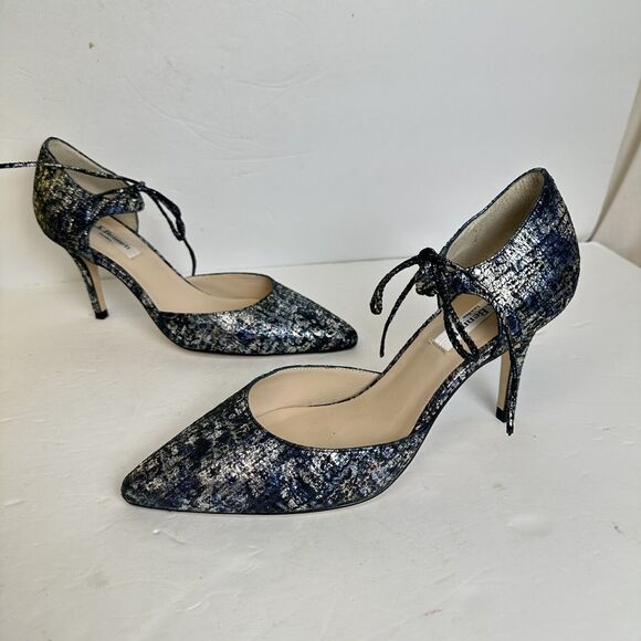 LK Bennett Shoes Womens 40 US 10.5 Foil Blue Suede Leather Pointy Toe Pumps Heel - Picture 2 of 11